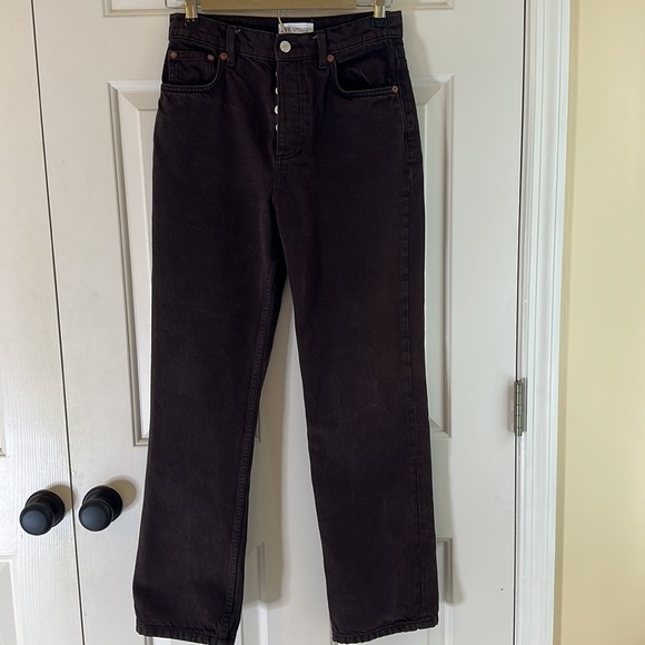 Zara Straight Leg Jeans Womens 4 Brown High Rise Button Fly Pockets Classic Fit - Picture 6 of 9